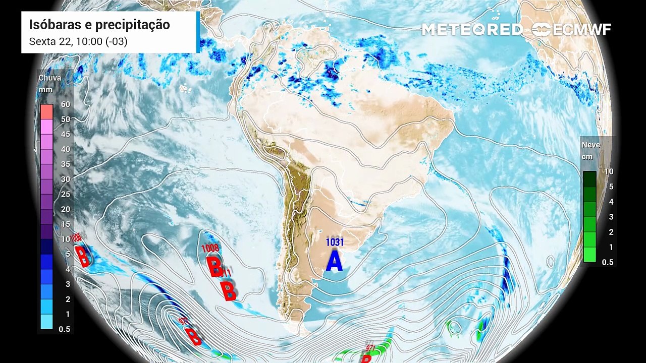 Sexta-feira, 22 de maio: Precipitação, nebulosidade e pressão a nível médio do mar até domingo (24).