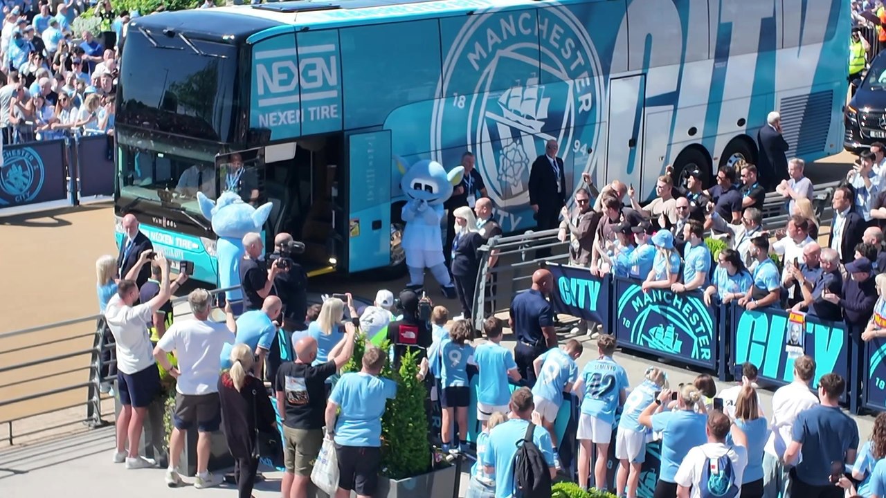 Pep Guardiola arrives with his Man City team for the final time