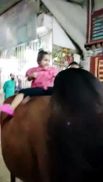 چھوٹی بچی گائے پر بیٹھی