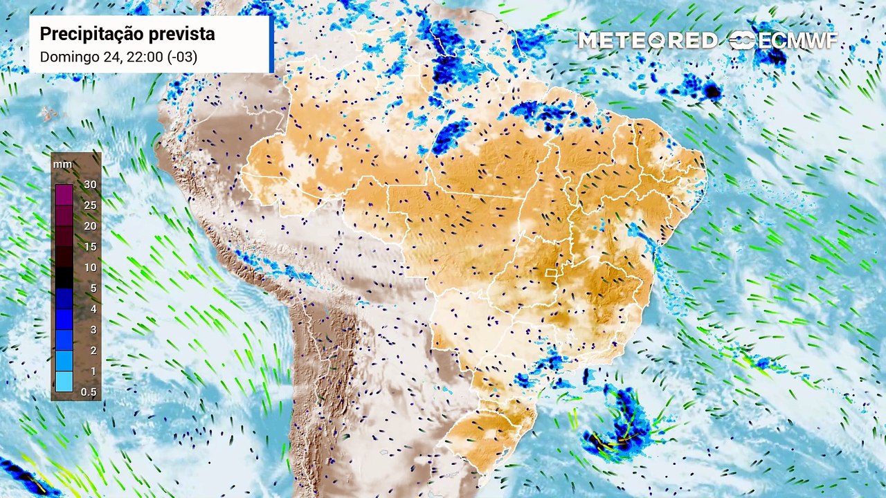 Domingo, 24 de maio: chuva, nebulosidade e direção do vento