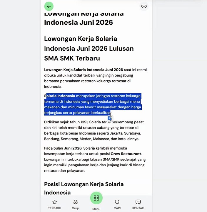Lowongan Kerja Solaria Indonesia Juni 2026