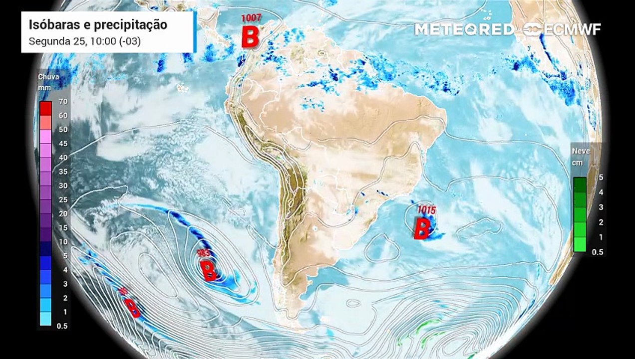Segunda-feira, 25 de maio: Previsão de nebulosidade, chuva e pressão a nível médio do mar.