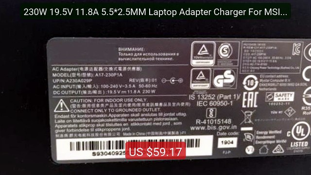 230W 19.5V 11.8A 5.5*2.5MM Laptop Adapter Charger For MSI A12-... Best Buy 2026 | Great Quality!