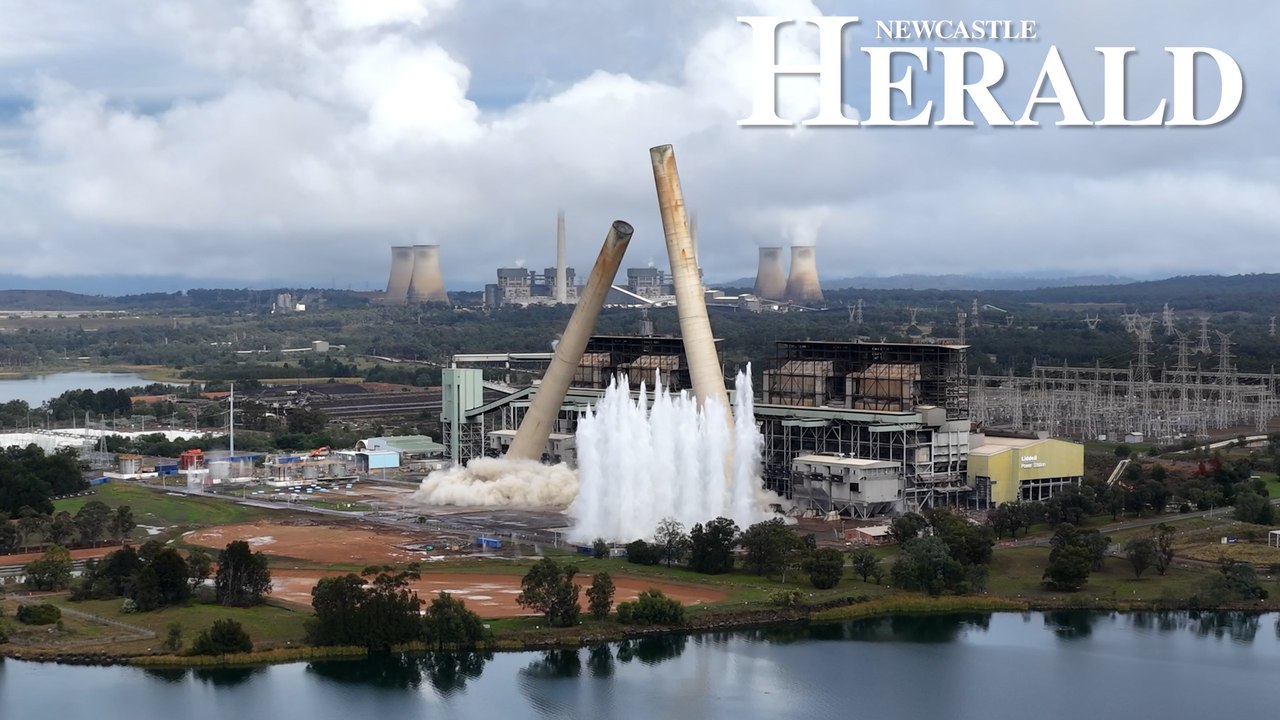 Drone footage captures moment Liddell stacks crumble