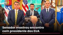 Flávio e Eduardo Bolsonaro posam ao lado de Trump no Salão Oval da Casa Branca; veja