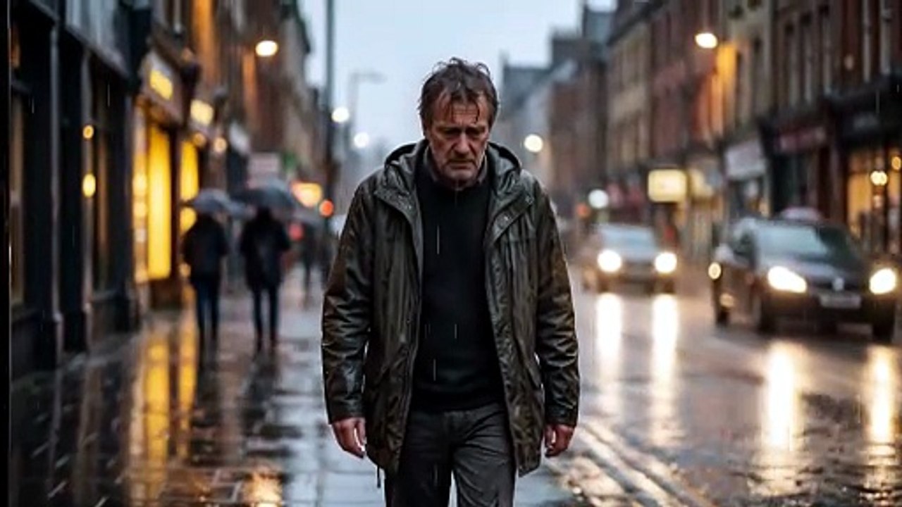 A sad man walking on the road