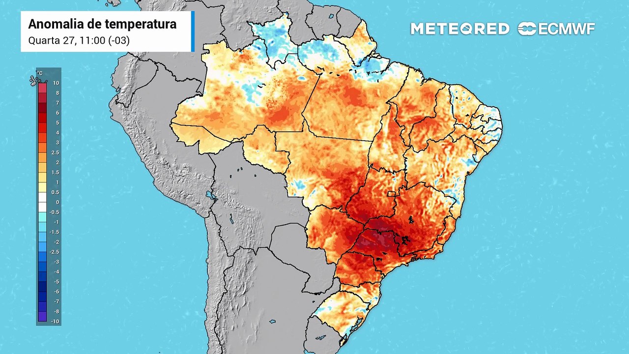 Quarta-feira, 27 de maio: Mapa da anomalia de temperatura em superfície.