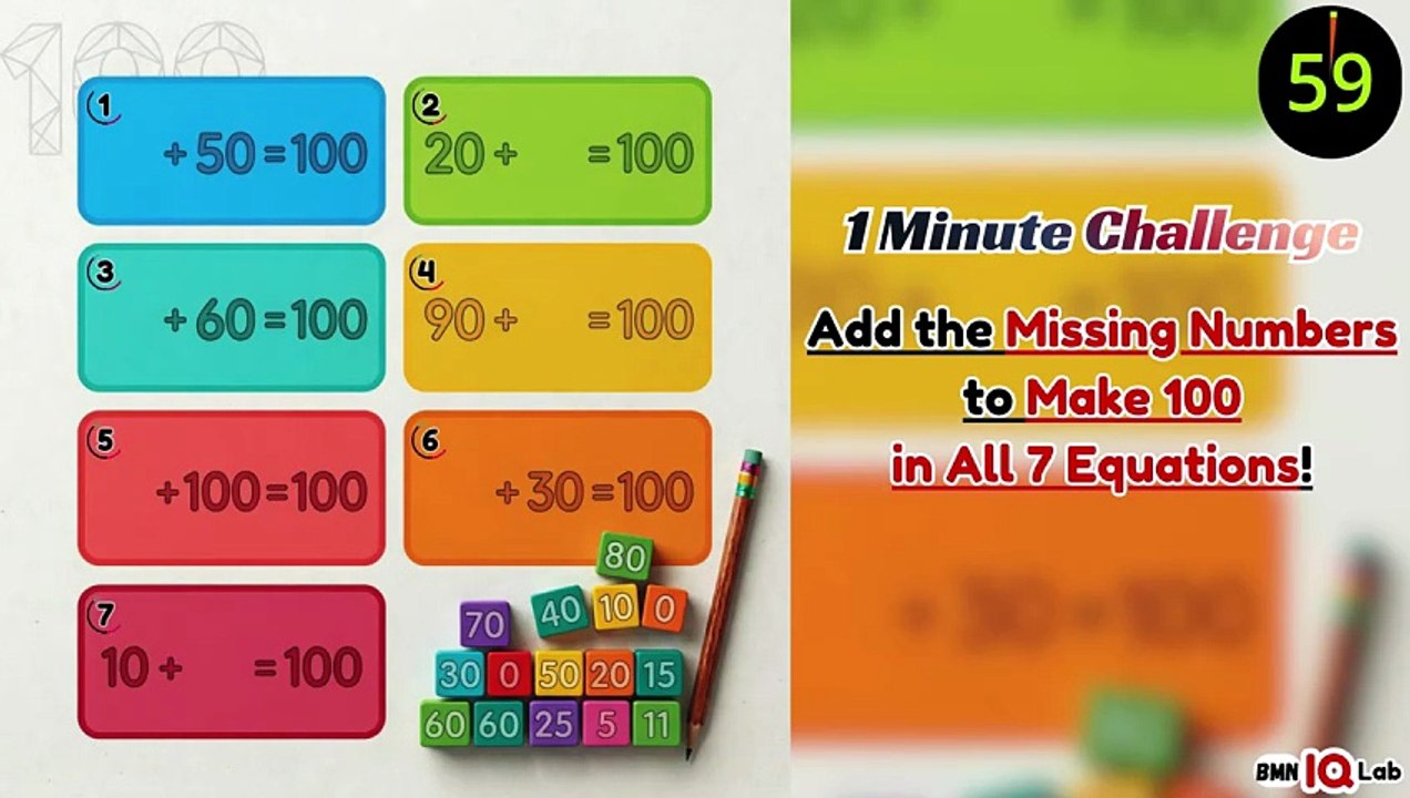 #IQTest 🧠🔦 Add the Missing Numbers to Make 100 in All 7 Equations! ➕️