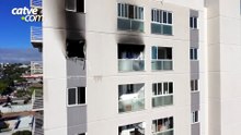 Imagem de drone mostra destruição em apartamento atingido por incêndio no Santo Onofre
