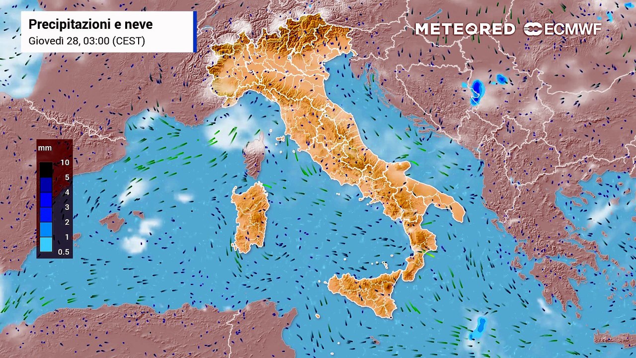 Mappa relativa a nubi e piogge previste per il ponte del 2 giugno