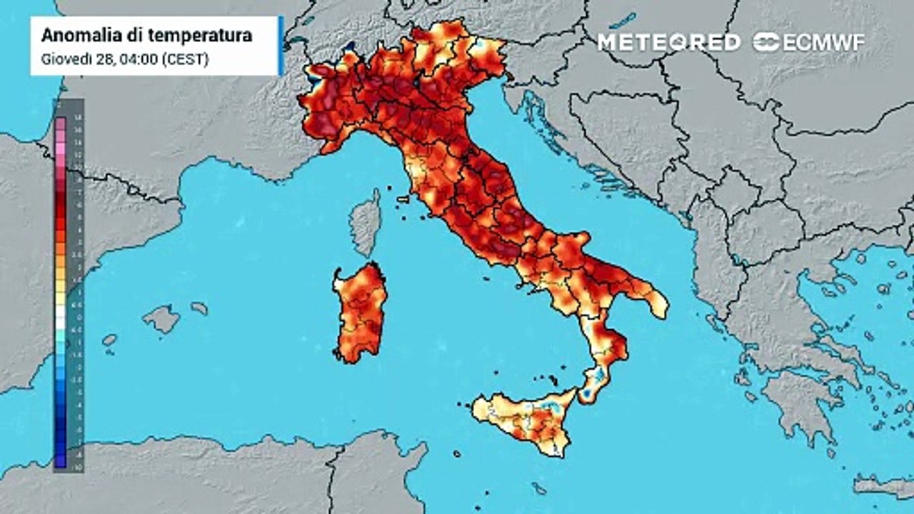 Mappa relativa all'anomalia di temperatura prevista nelle prossime ore