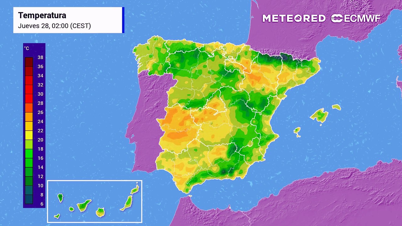 Evolución de la temperatura prevista en España para las próximas horas por el modelo europeo