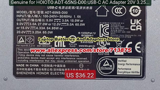 Genuine for HOIOTO ADT-65NS-D00 USB-C AC Adapter 20V 3.25A 65W Type... Top Rated 2026 | Buy Now!