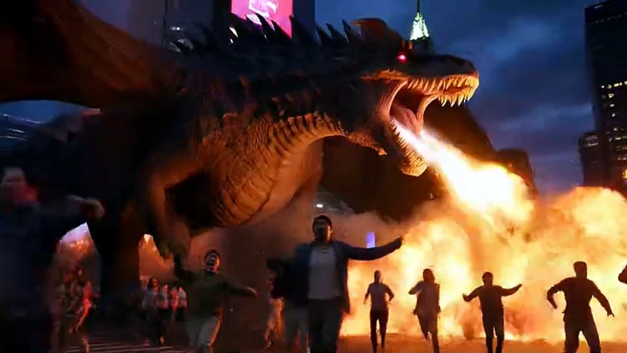 Dragon destroys a modern city at night