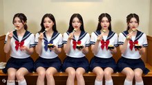 セーラー服を着た5人のかわいい女子高生が回転寿司で食べ過ぎてパンパンではちきれそうで前にも横にも膨れたお腹になり座りながらスカートのホックを緩めて恥ずかしそうにお腹を見せ合っている