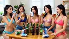 ビキニの水着姿の胸の大きな5人のかわいい日本人女子大生が自宅で楽しそうに飲み会をしている