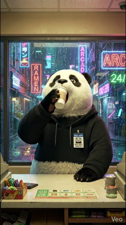 cute panda sitting in a coffee shop