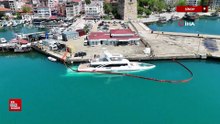 Sinop'ta yarıya kadar suya gömülen milyarlık lüks yat havadan görüntülendi