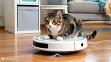 掃除中のロボット型の掃除機の上に猫が乗って遊んでいる