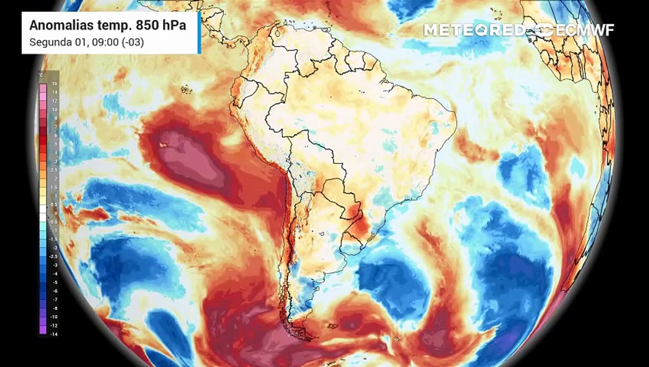 Segunda-feira, 1 de junho: Anomalia de temperatura em 850 hPa.