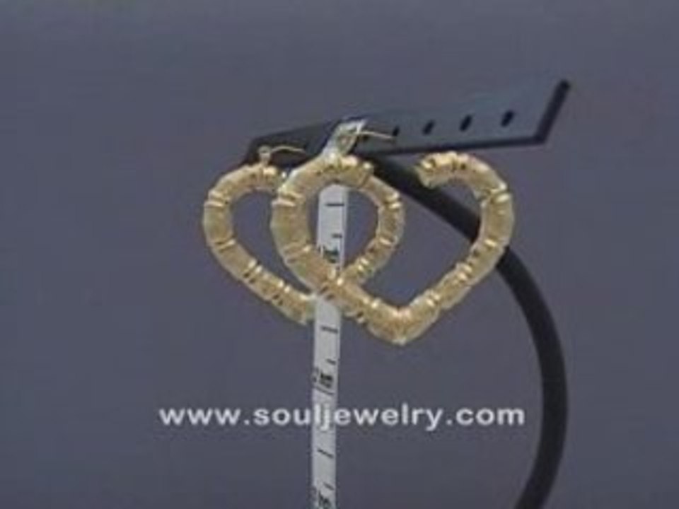 10K Gold Thin Door Knocker Heart Bamboo Earrings 1 5/8 Inch