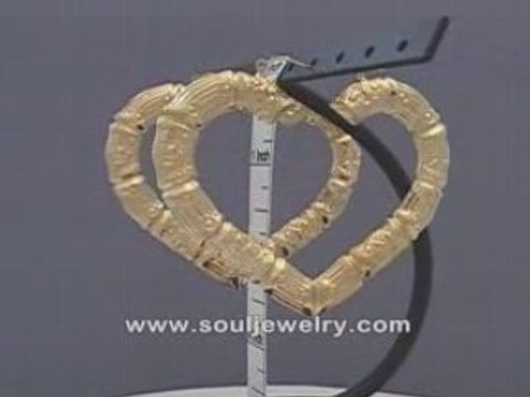 10K Yellow Gold Puffy Door Knocker Heart Bamboo Earring 3 In