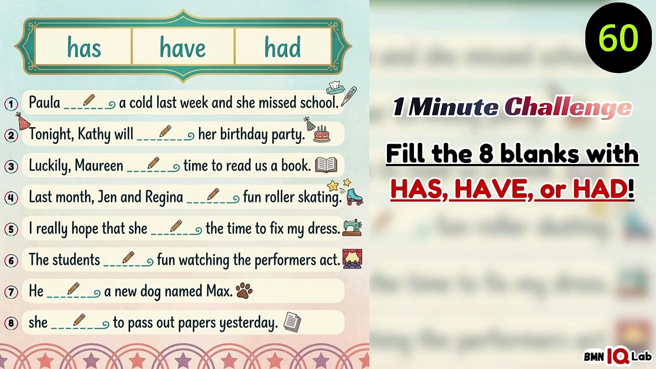 #EducationalContent 👨‍🏫📚 Fill the 8 blanks with HAS, HAVE, or HAD! ✍️