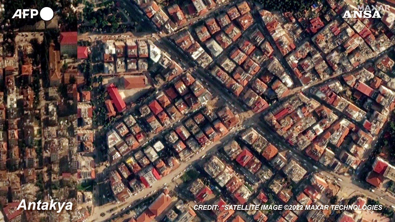 Terremoto in Turchia, le citta' di Antiochia e Kahramanmaras prima e dopo