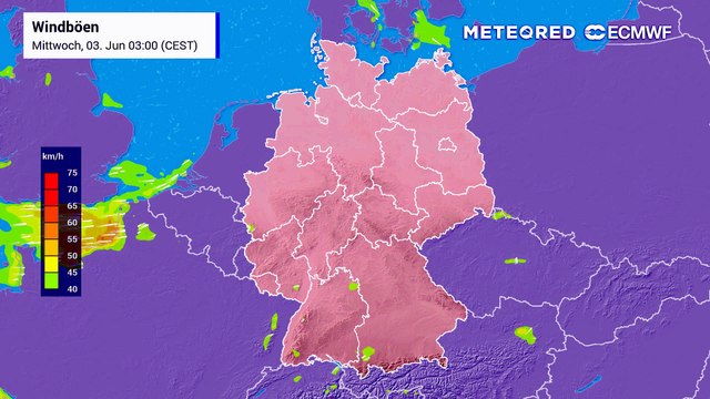 Turbulente Bodenströmung am Donnerstag: Während im Westen bereits abseits der eigentlichen Schauer ein stark böiger Südwestwind anzieht, drohen im Bergland und im Bereich der Gewitterzellen schwere Sturmböen mit Geschwindigkeiten von bis zu 100 km/h.