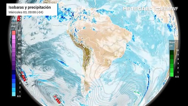 Pronóstico de isobaras y precipitación: Miércoles 3 de junio.