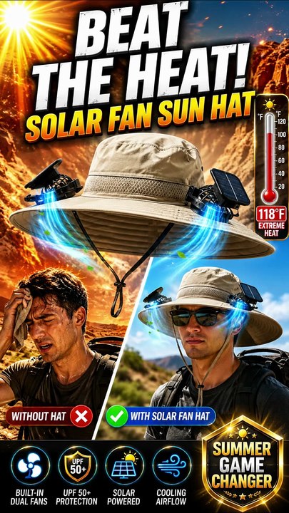 Solar Fan Sun Hat for Men & Women – UPF 50+ Wide Brim Cooling Hat with Dual Solar Fans