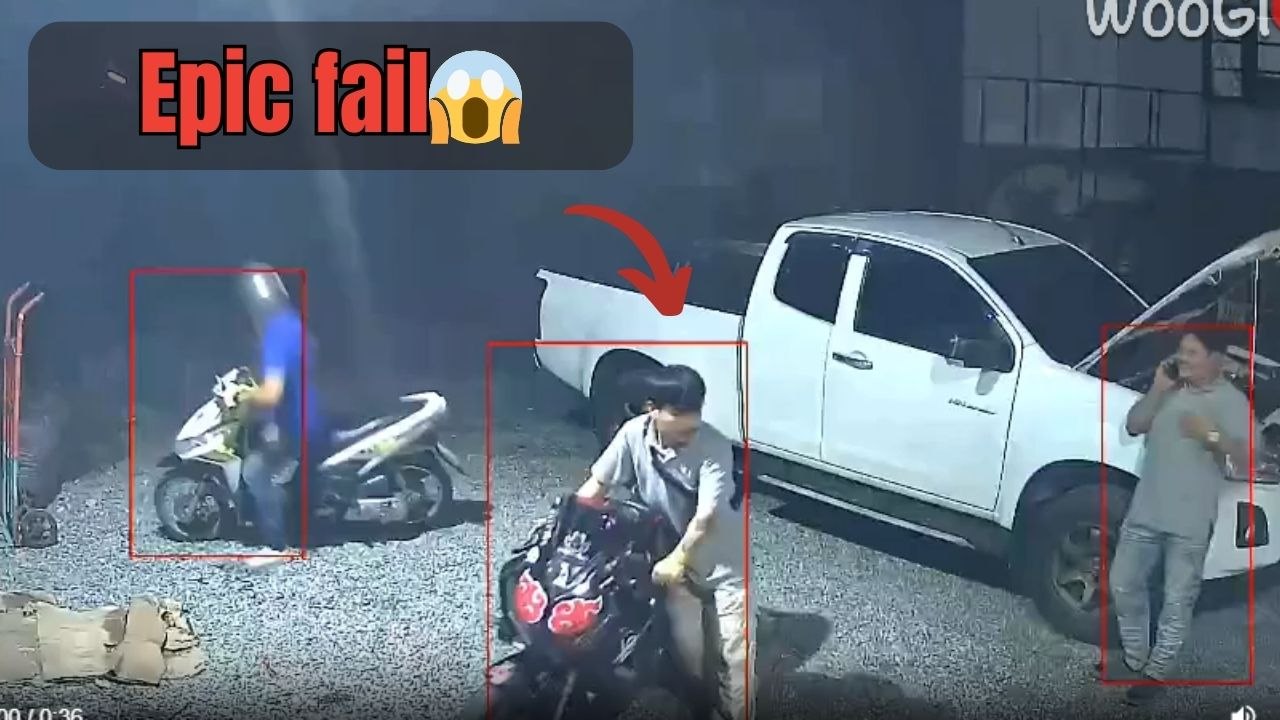 Two Friends Trip While Moving Their Parked Bikes