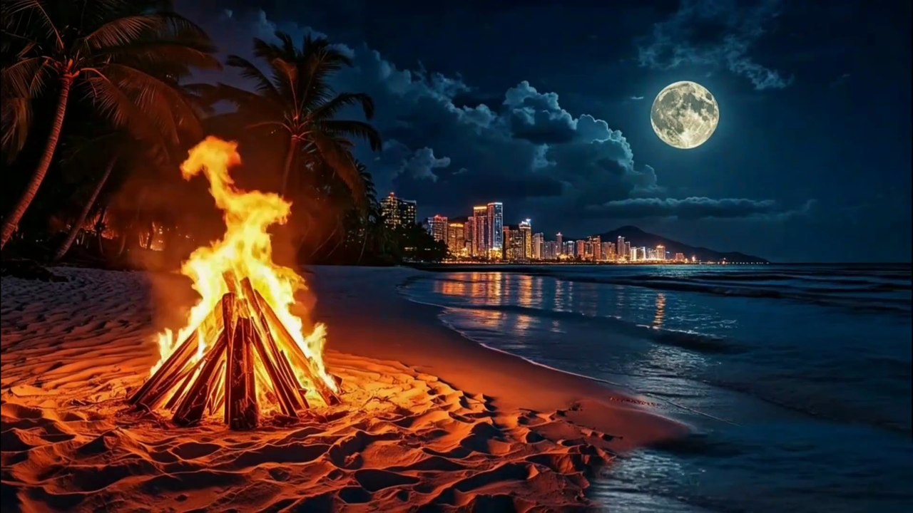 YOU'LL FALL ASLEEP FAST WARM FIRE WITH BEACH WAVES SOUND ASMR