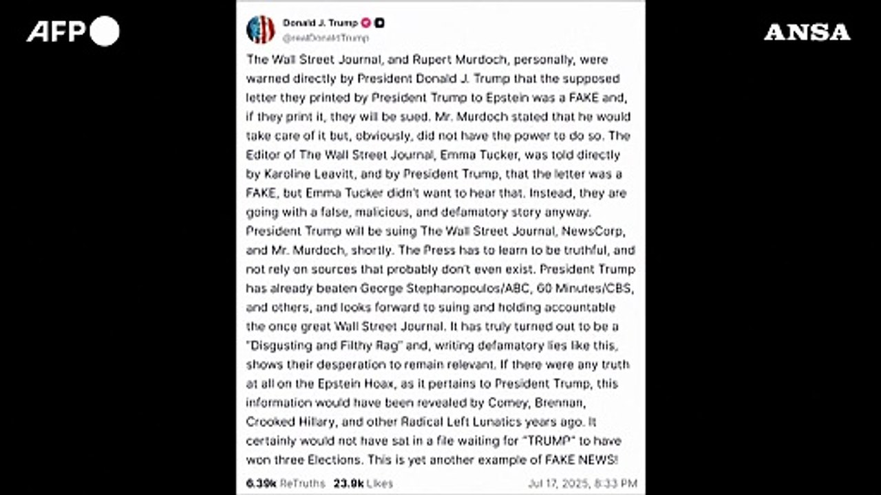 Trump, causa a Wall Strett Journal e Murdoch per 'falsa' lettera a Epstein