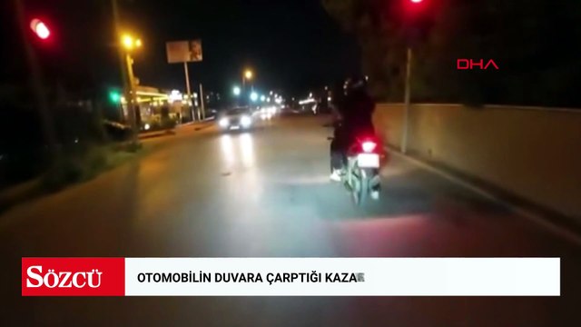 Otomobilin duvara çarptığı kaza kask kamerasında; 2 yaralı