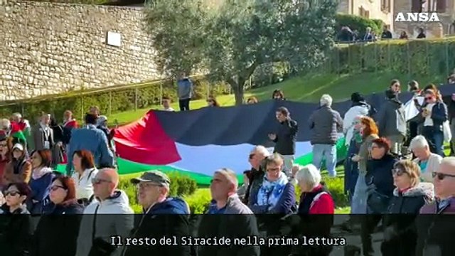 Bandiere della Palestina sul prato davanti alla Basilica di Assisi