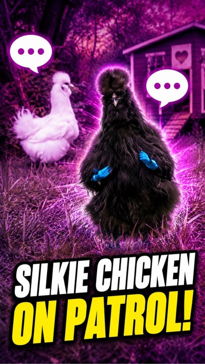The Silkie chicken patrols the yard with tiny toy arms attached