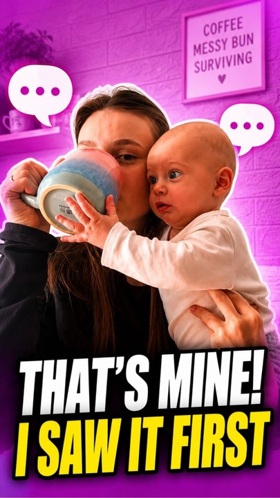 The baby reaches for the girl’s mug every time she tries to take a sip