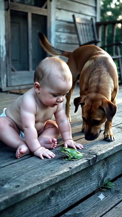 Baby and dog discover a frog on the front porch at dusk
