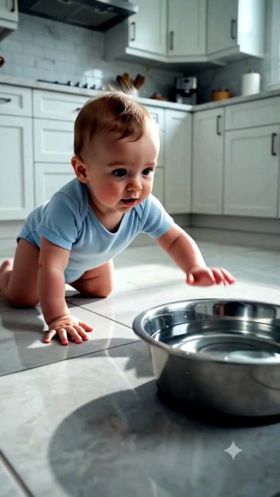 Baby discovers the dog's water bowl in the kitchen