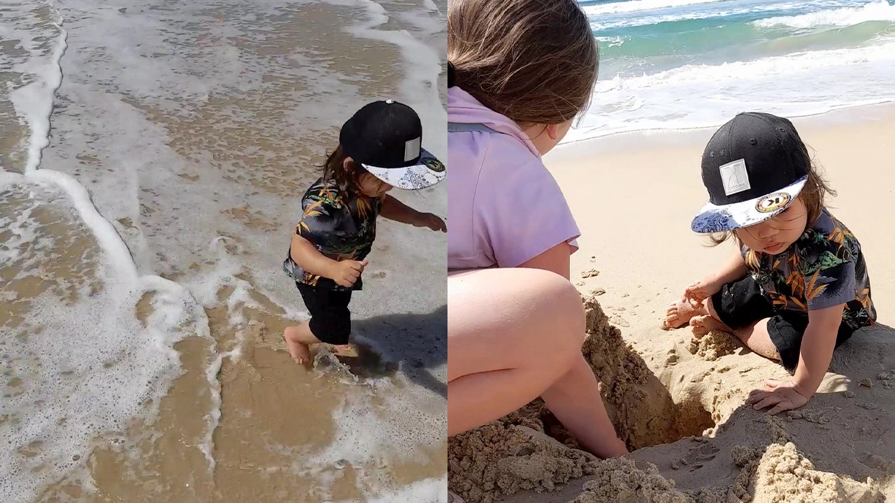 Charming little boy attempts to escape a crashing wave