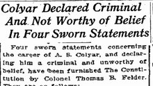 Sunday, 25th May 1913 Colyar Declared Criminal and Not Worthy of Belief in Four Sworn Statements