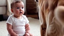 Baby Tries to Grab Dog's Wagging Tail on the Living Room Rug