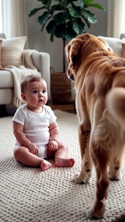 Baby Tries to Grab Dog's Wagging Tail on the Living Room Rug