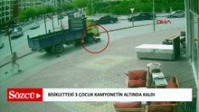 Bisikletteki 3 çocuk kamyonetin altında kaldı; o anlar kamerada