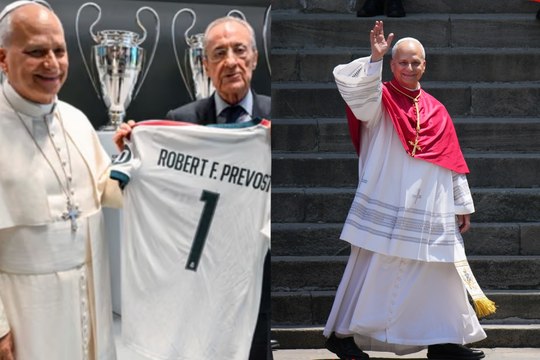 El Papa León recibe una camiseta personalizada del Real Madrid de manos de Florentino Pérez