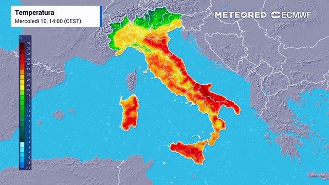 Mappa relativa alle temperature previste nei prossimi giorni in Italia