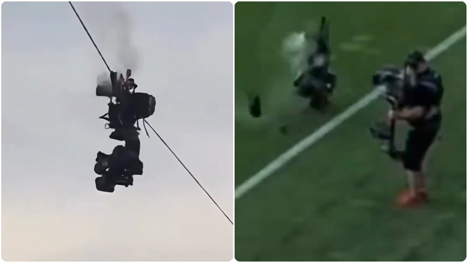 ¡Pudo acabar en tragedia! Una cámara cae desde más de 20 metros durante un partido, y el Mundial preocupa...