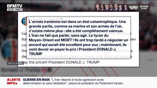 Guerre au Moyen-Orient: l'Iran a mis trop de temps à négocier et va devoir en payer le prix assure Donald Trump