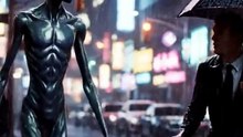 Alien walks among passersby at night